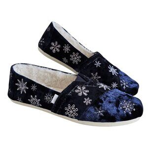Toms Alpargata Faux Fur Cozy Velvet Embroidered Snowflake Navy Blue Flats 7.5